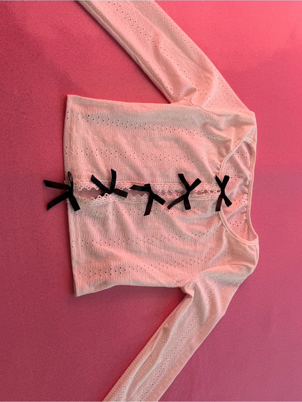 SHEIN Pink Eyelet Crewneck Sweater with Black Bow Accents